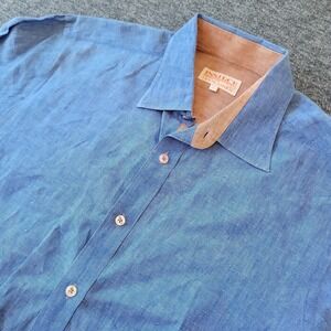 Inserch Linen Shirt Men's Large Blue Chambray Short Sleeve Button Up